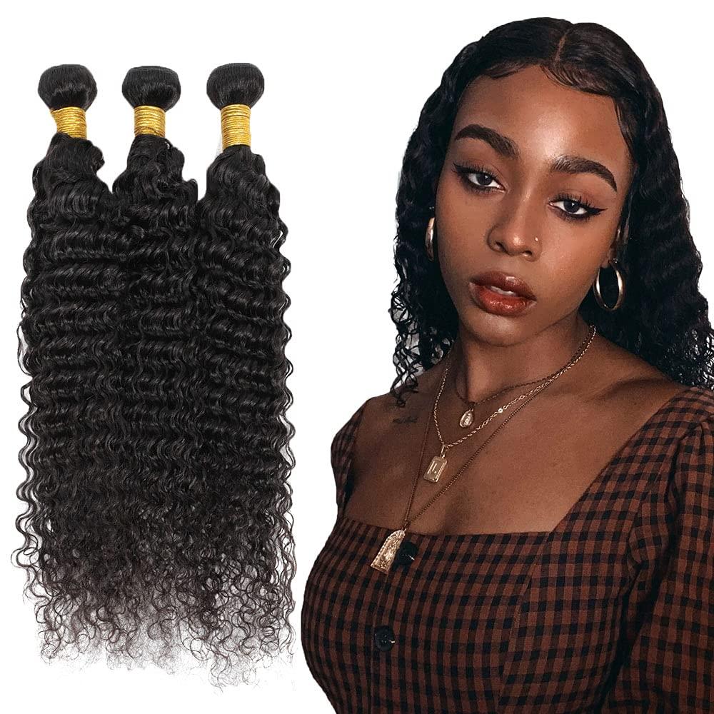 10 12 14 Inch #1B Deep Wave Bundles Human Hair Natural Black Deep Wave Bundle Human Hair Extensions Unprocessed Virgin Remy Hair 3 Bundle 100 Gram Per Bundle For Women