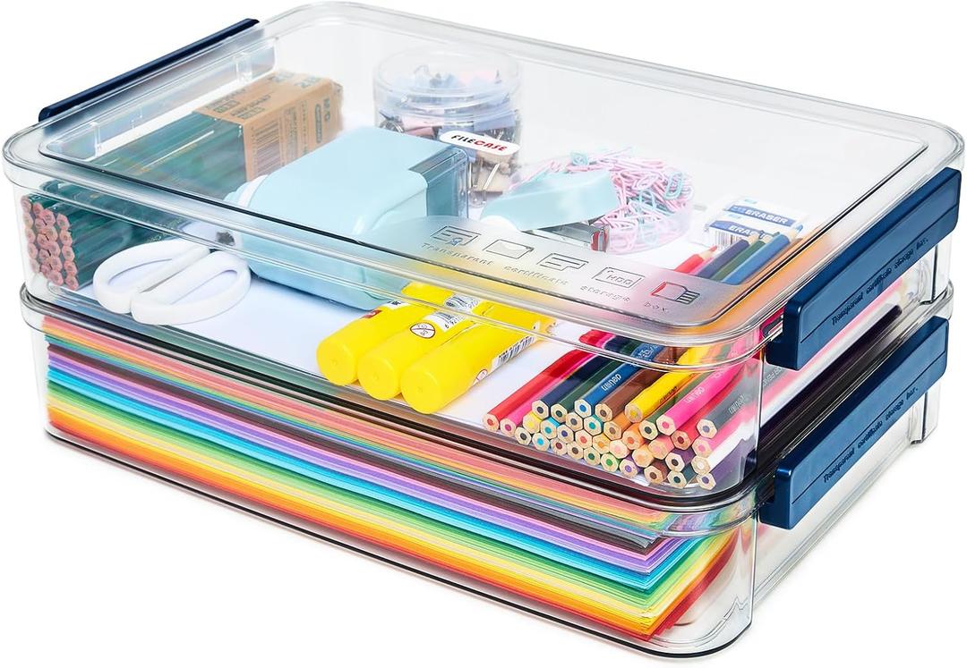 2 Pcs 5.5qt 9 x 13 Plastic Portable Project Case With Snap-Tight Latch Clear Stackable Storage Box With Lids Organizer Container For A4 File Photo Documents Scrapbook Craft Art Supplies (Large-Blue)