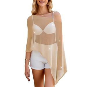 WeciBor Women's Gold Sheer Poncho Tops Y2K Knit Pullover Boleros Summer Lightweight Shrug Sweater Cover Up Beachwear