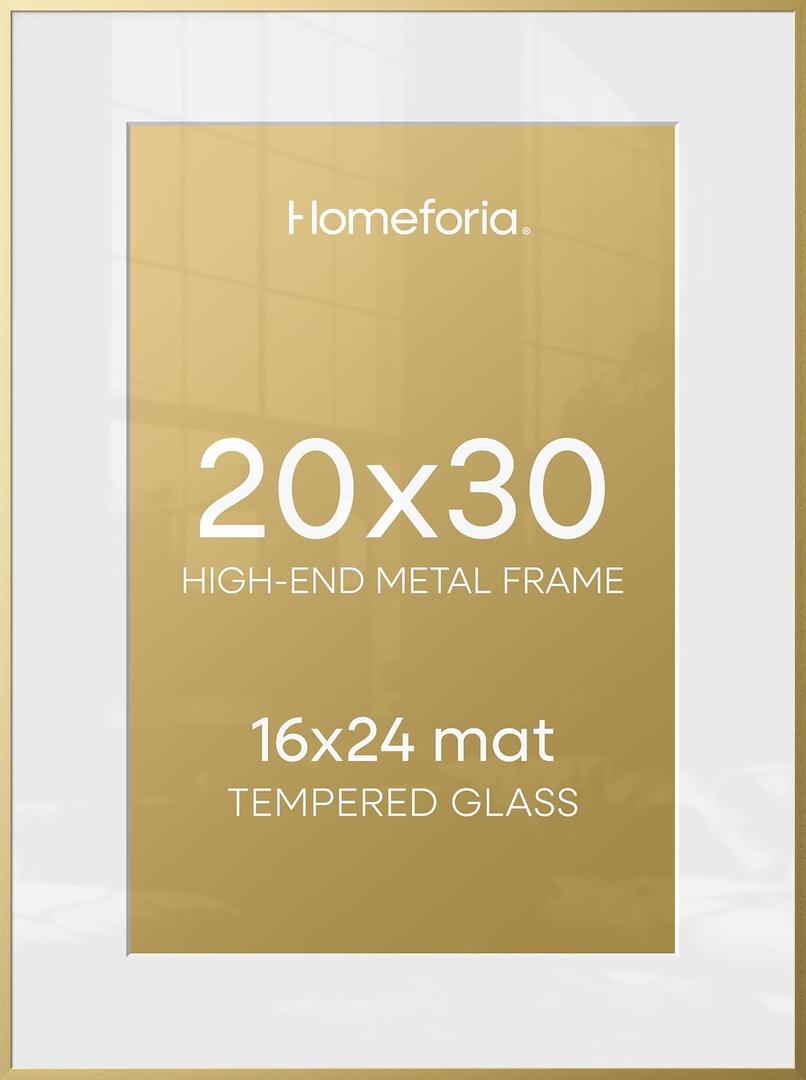 Homeforia 20x30 Gold Picture Frame, High-End Metal, 16x24 Mat, Glass