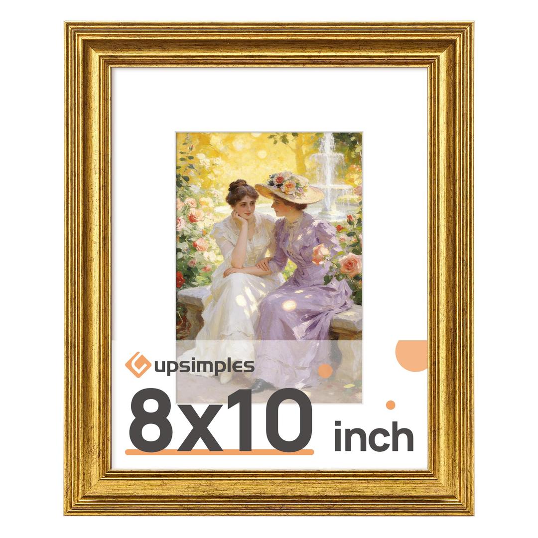 Upsimples Vintage 8x10 Picture Frame, Antique Gold Frames Display 5x7 with Mat or 8 x 10 Without for Wall or Tabletop Decor, 1 Pack