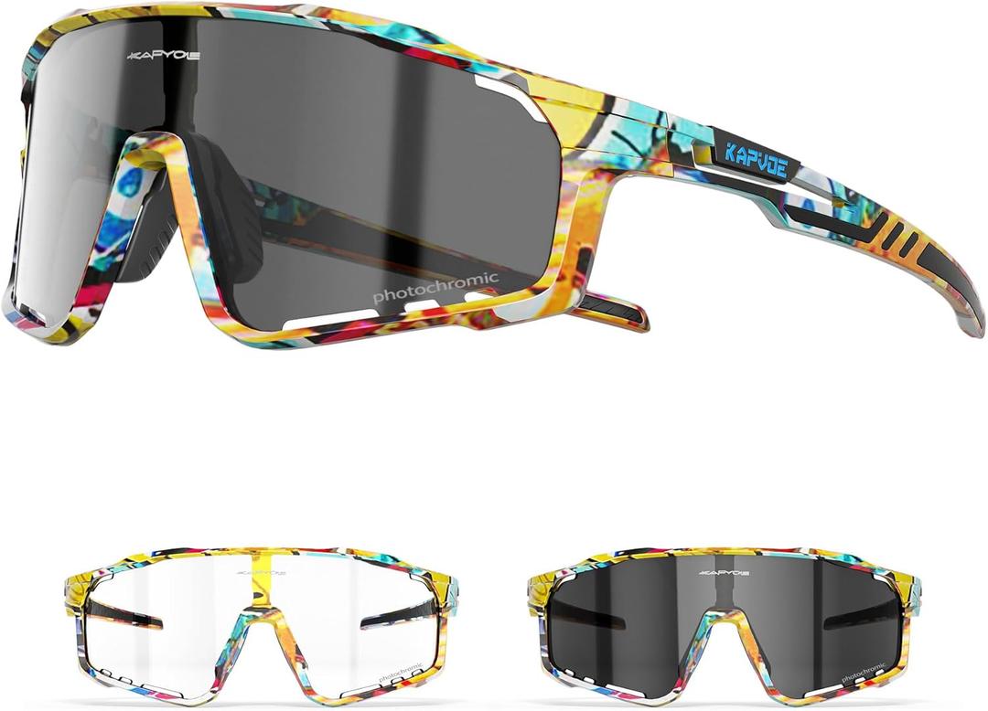 KAPVOE Photochromic Cycling Glasses for Men Women Sports Sunglasses Frame Discoloration HD Bike Glasses K76 (Multicolor)