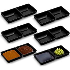 Gejoy 6 Pcs Dual Dipping Sauce Bowls Soy Sauce Dish Bowls Two Compartments Party Trays Divided Fondue Plates for Restaurant Kitchen Sushi Soy (Black)