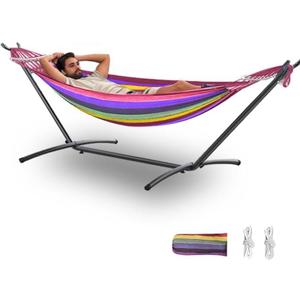 Double Hammock with Stand, 2 Person Hammock with Carrying Bag,Heavy Duty Portable,500 lb Capacity, Perfect for Both Indoors and Outdoors,Rainbow