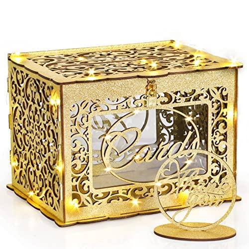 Gold Wedding Card Box with Lock and LED Fairy Lights, Wooden Gift Card Box Money Box Holder for Wedding Reception, Graduation Party, Bridal Shower, Keepsake Party Favor, Cosmetic Home Decoration