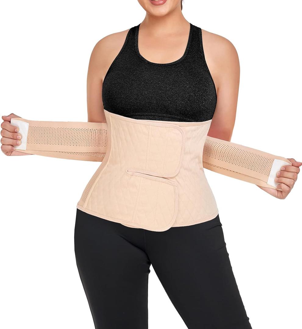 QEESMEI Postpartum Belly Band Abdominal Binder Post Surgery C-section Belly Binder Wrap Girdle Recovery Belt Back Support (Nude, Large)