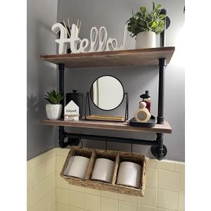 ROGMARS Industrial Pipe Shelf Floating Shelves Bathroom Pipe Shelving Farmhouse Bathroom Shelves with Towel Bar Towel Rack Over Toilet Industrial Shelf Rustic Wall Wood Shelves 19.7 Inch, 20 Inch 2 Tier