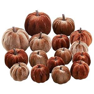 Woration 16pcs Assorted Size Fake Velvet Cloth Pumpkins Home Fall Thanksgiving Halloween Wreath Simulation Artificial Foam Pumpkin Model Decoration Brown Series