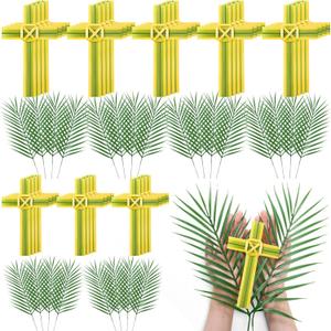 Zeyune 100 Pcs Palm Cross and Artificial Palm Leaves Sunday Hand Held Portable Prayer Crosses Artificial Plastic Holding Cross for Easter Church Events Decor