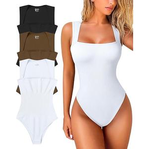 OQQ Women's 3 Piece Bodysuits Sexy Ribbed Strappy Square Neck Sleeveless Tummy Control Tank Tops Bodysuits large
