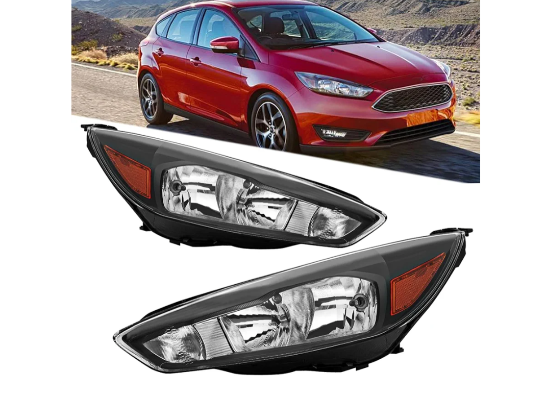 Headlights Assembly Compatible with 2015 2016 2017 2018 Ford Focus S | SE | ST Halogen Head Light Headlamp w/Bulb, Black Housing Amber Corner