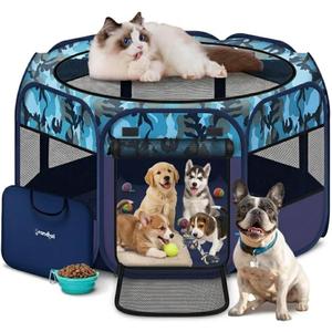 48" Large Pop Up Dog Playpen & Whelping Box for Dogs, Portable Foldable Puppy Playpen with Waterproof Bottom, Pet Tent Exercise Pen for Camping/Indoor, Includes Bowl & Carry Bag, Medium-48 x 48 x 24"