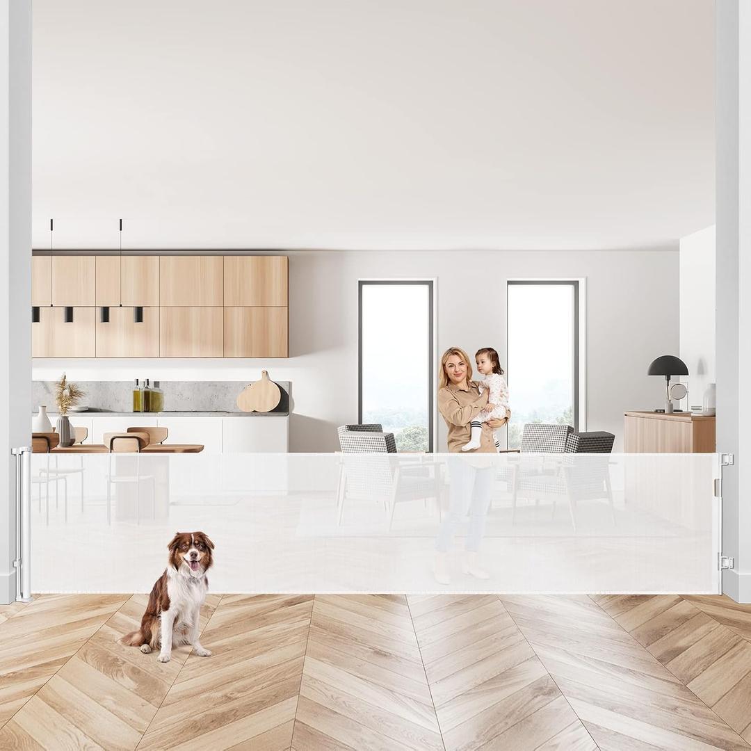 145 Inch Retractable Baby Gates Extra Wide Dog Gate for Extra Wide Openings Retractable Dog Gate Indoor Outdoor Retractable Gate Mesh Pet Gate Extra Long Baby Gate for Stairs, Doorways, White