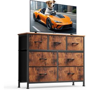 DUMOS Dresser for Bedroom with 7 Drawers, Storage Organizer Units Furniture, Chest Tower TV Stand with Fabric Bins, Metal Frame, Wooden Top for Nursery, Living Room, Bedroom, Closet, Brown (11.8"D x 39.4"W x 30.3"H (7 Drawers))
