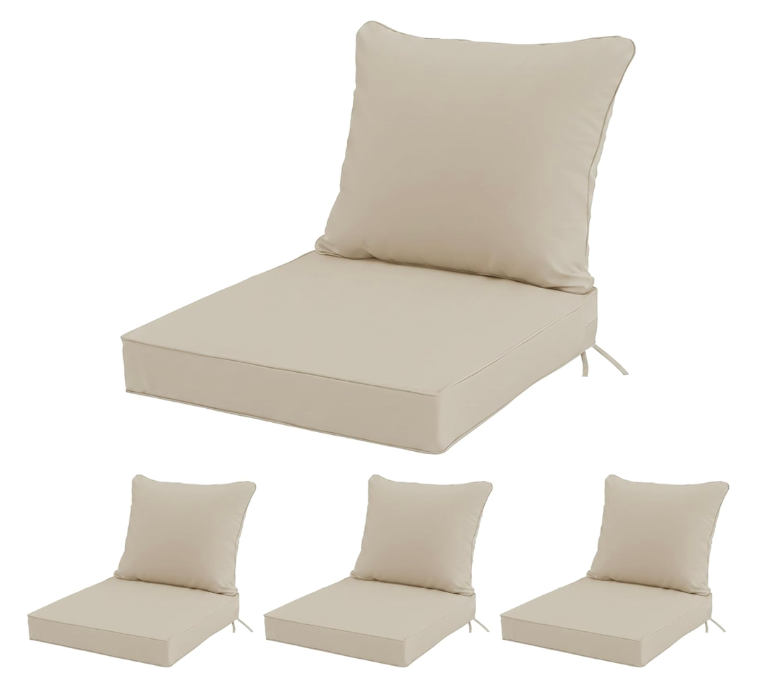 22x22 Inch Patio Chair Cushions Set of 4, Outdoor Furniture Cushions - Removable Cover, Water-Repellent, Fade-Resistant, Non-Slip Bottom & Straps, Replacement for Lawn, Porch & Deck Chair - Cream