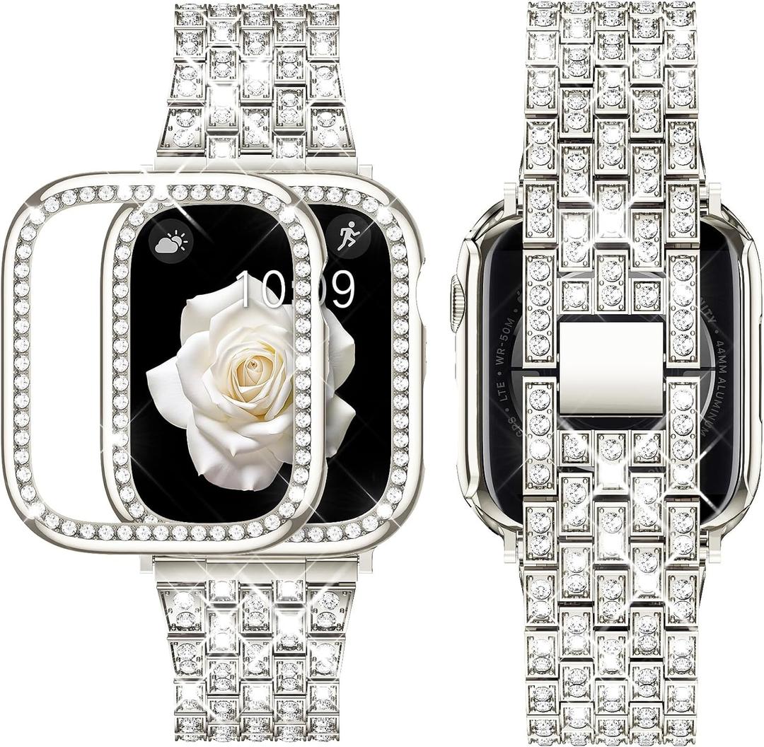 Supoix Compatible with Apple Watch Band 38/40/41/42/44/45/46/49mm+ Case, Women Jewelry Bling Diamond Rhinestone Replacement Metal Bands & 2 Pack PC Protector Case for iWatch Ultra 3/2/1 Series 11/10/9/8/7/6/5/4/3/2/1/SE
