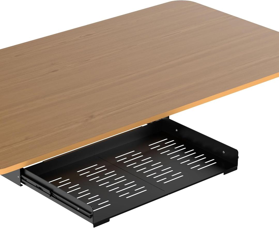 Under Desk Laptop Drawer, 22.8'' Wide Pull-Out Tray Metal Perforated Bottom for Heat Dissipation, Sliding Track, Under-Desktop Storage for Laptop & Accessories