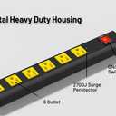 Heavy Duty 6 Outlet Metal Long Power Strip, 2700J Surge Protector with 15A Circuit Breaker, 6FT Extension Cord, Wall Mount for Garage, Workshop & Industrial Use, Wide Spaced (6ft)