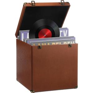 Large Vinyl Record Storage Case, 13 x 13 x 13 Inch for 100+ Single Records, Retro Lp Album Collection Display Box, PU Leather Water Resistant for 7/10/12 Inch Album Collection(Brown)