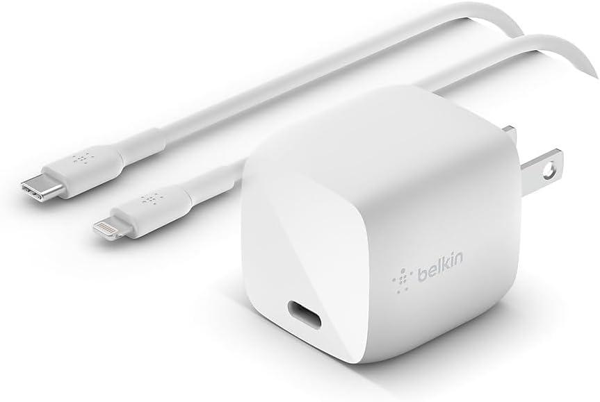 Belkin USB C Wall Charger 30W - Lightning Cable Included - Power Delivery GaN - iPhone Charger Fast Charging - USB C Charger for MacBook Pro, iPhone 17, Air, Pro, iPad, Google Pixel 10, etc.  White