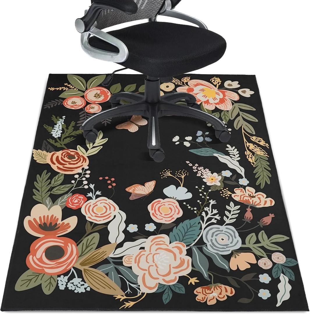 Office Chair Mat for Hardwood Floor 48"X 60" Office Rugs for Gaming Rolling Chairs Computer Desk Chair Non-Slip Butterfly Floral Protector Mats for Hard Floor & Tile Floor Decor (Black)