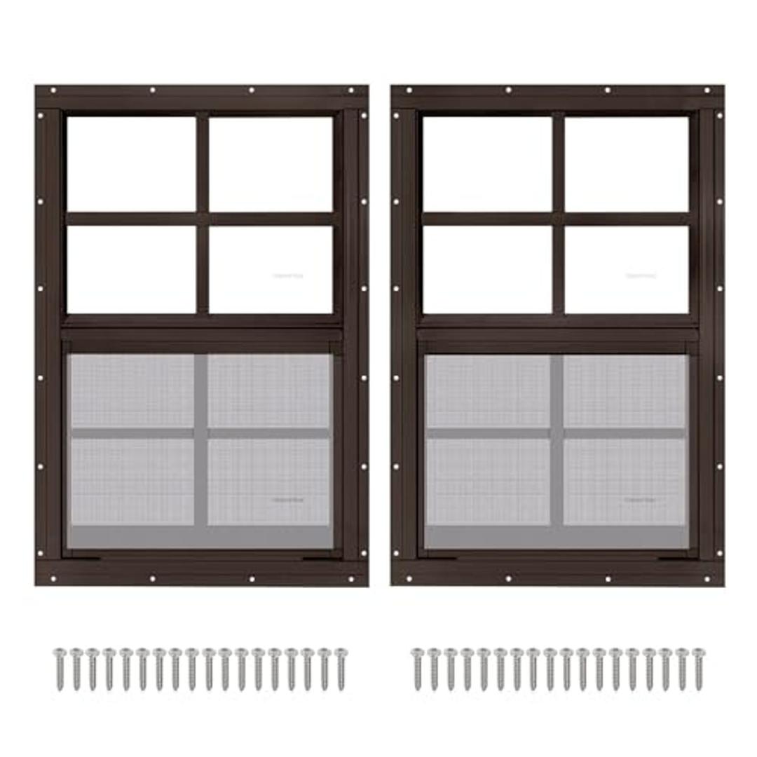 2 Pack 16" x 16" Brown Shed Window with Tempered Glass and Fiberglass Screen Household Sliding Windows with Screws for Shed, Chicken Coop, Playhouse, Garage and Barns