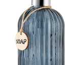 MOCLIF 16 OZ Soap DispenserTempered Glass Clear Vertical Stripe with 304 Rust Proof Stainless Steel Pump Refillable Liquid Hand Soap Dispenserfor Bathroom, Kitchen, Dish SoapLotion (Blue Grey)