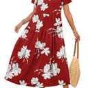 OFEEFAN Vacation Dresses for Women Short Sleeve Maxi Dress Tiered Dress Women's Casual Dresses Floral Red S (S)