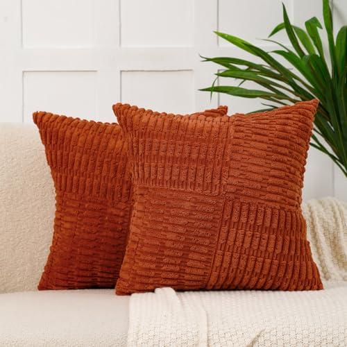 All Smiles Fall Decorative Throw Pillow Covers 20X20 Set of 2 Rust Thanksgiving Farmhouse Home Corduroy Square Cushion Case for Decor Living Room Couch Bed Sofa,Boho Terracotta Orange