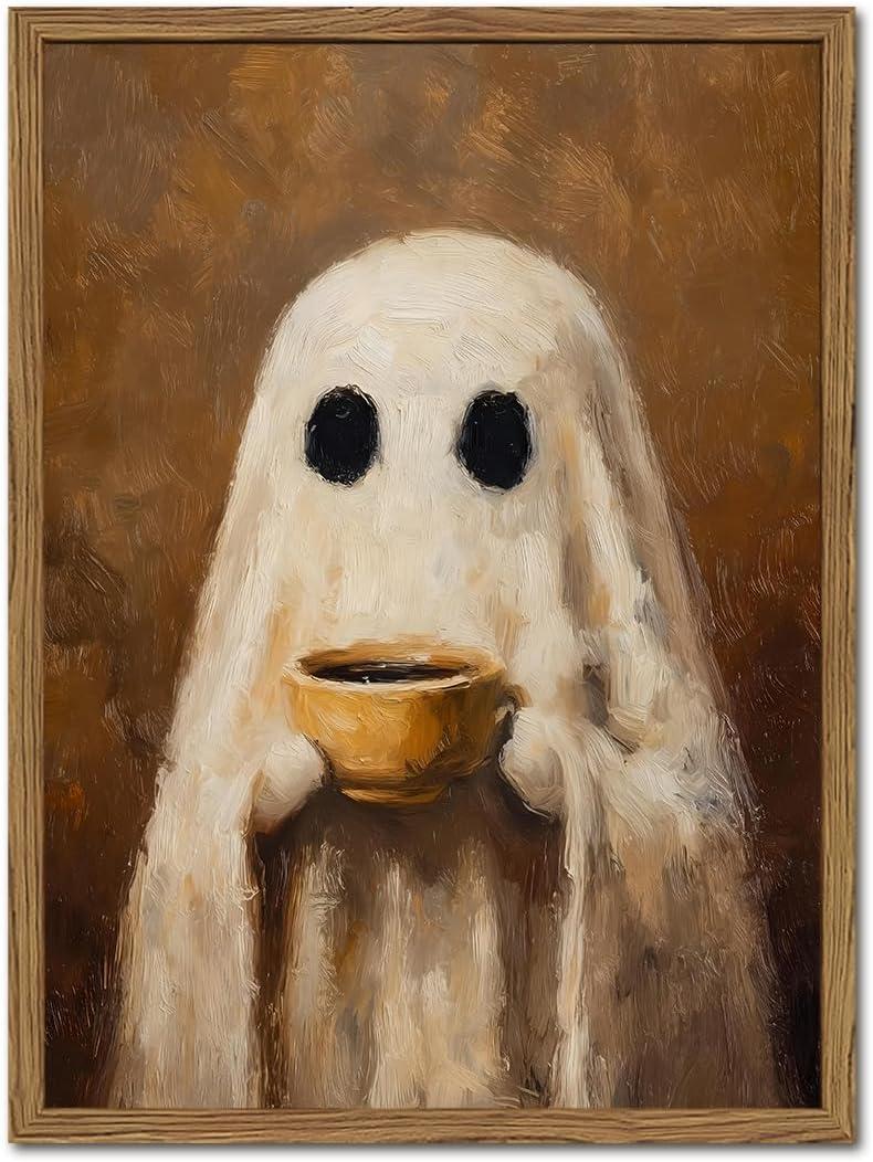 Cute Ghost Drinking Coffee Wall Art Spooky Ghost Halloween Kitchen Wall Decor Picture Gothic Dark Academia Canvas Painting Print for Bedroom Living Room 24x16 inch Wood Framed