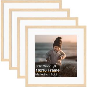 KINLINK 16x16 Picture Frame, White Oak Square Solid Wood Frames for Pictures 12x12 with Mat or 16x16 without Mat, Wall Display Photo Frames White Oak 4 Pack