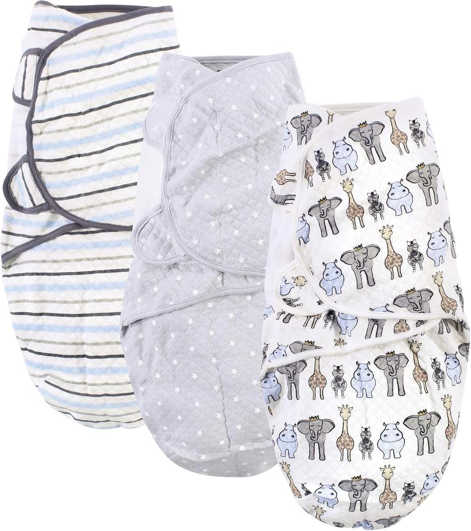 Hudson Baby Unisex Baby Quilted Cotton Swaddle Wrap 3pk, Royal Safari, 0-3 Months