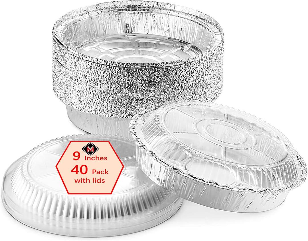 Mr Miracle Pack of 40 Disposable Aluminum Foil Pans with Clear Lids 9 Inch Circular Aluminum Pans, Ideal for Baking, Storing, Heating, Serving - Round Foil Pans with Lids