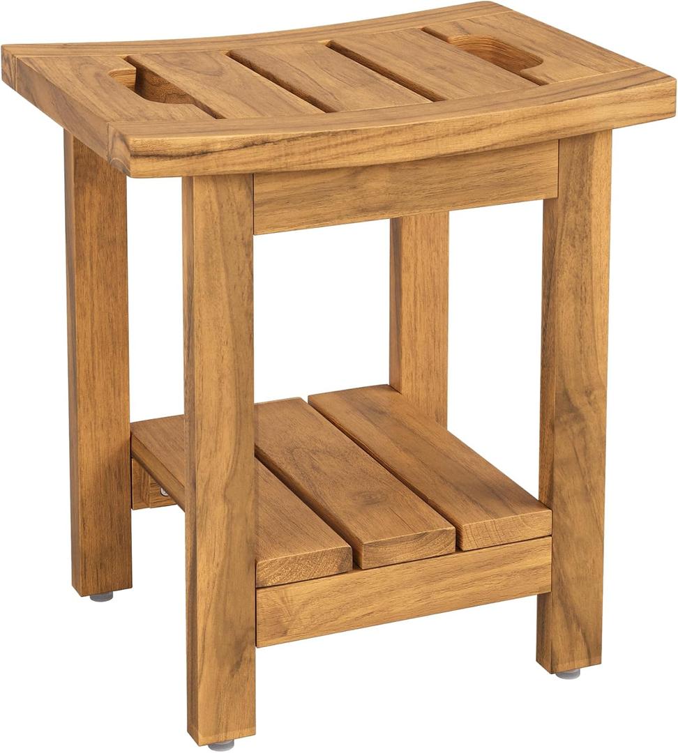 14" Teak Shower Stool, Waterproof Teak Shower Bench with Shelf & Handle for Bathroom, 300 Lbs Capacity, Natural Teak Color