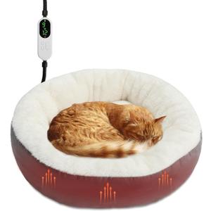 Rypet Heated Cat Bed Indoor, Soft & Cozy Donut Heated Pet Bed with Timer and Timer, Adjustable Temperature Heated Dog Beds for Small Dogs and Senior Cats with Chew Resistant Cord