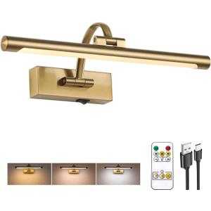 Tassuowell Wireless Picture Lights for Wall Rechargeable, Battery Operated Art Light for Paintings, 3CCT Dimmable, 15.7" Brass Finish with Remote, Rotatable Gallery Light for Pictures Display