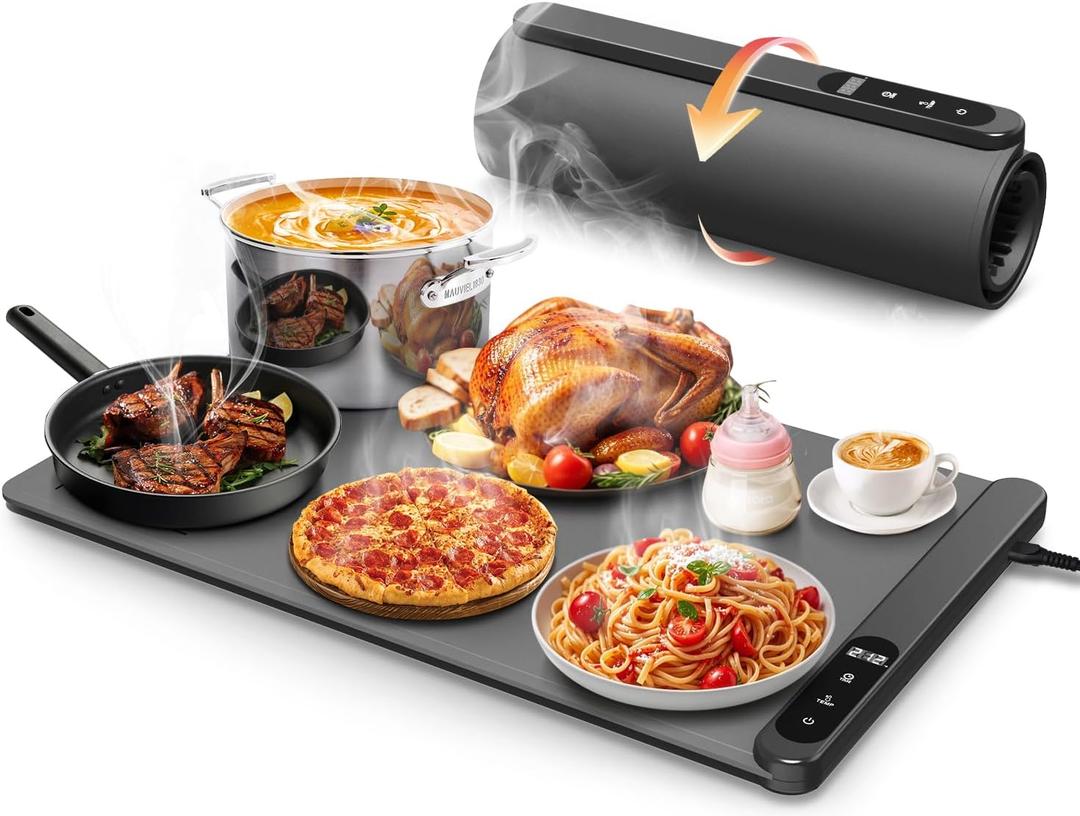 Food Warming Mat, Electric Warming Tray with 6 Level Temperature Settings, 6 Hours Timer, Graphene Rapid Heating, Auto Shut-Off, Roll Up Food Warmer for Buffets Party, Countertop, Gatherings (Gray)