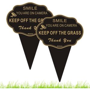 Keep Off The Grass Sign 2 Pack, 14X10 Double Sided Smile You Are on Camera Stay off Grass Sign For Yard With Integrated Stake No Poo or Pee on Lawn Heavy Duty Aluminum for Outdoor Use