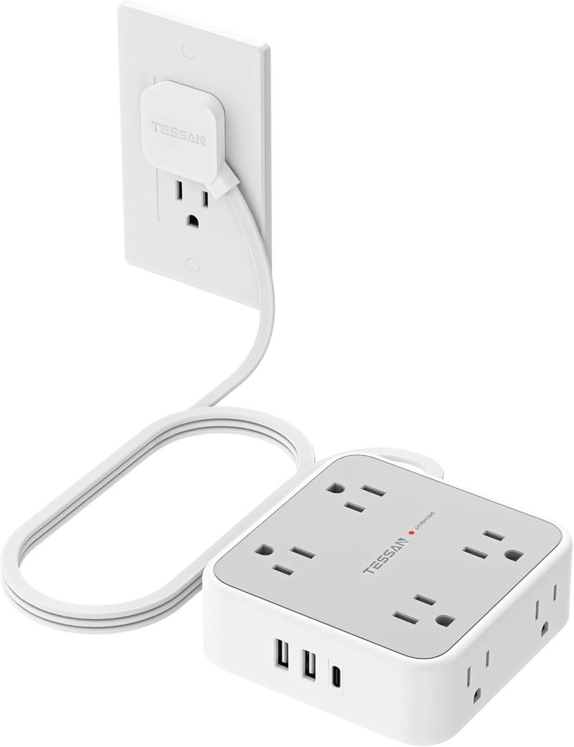 TESSAN Surge Protector Power Strip, 5 Ft Flat Plug Extension Cord with 3 USB (1 USB C) 8 Outlets, 1250W, 900J Protection, 3 Sided Outlet Extender with Power Switch for Office, Dorm Room, Grey