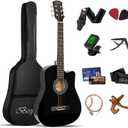 38 inch Black Acoustic Guitar Beginner Kits, 3/4 Cutaway Wood Acustica Guitarra for Beginners Adults with Online Lesson,Gig Bag,Picks,Steel Strings Strap with Picks Holder