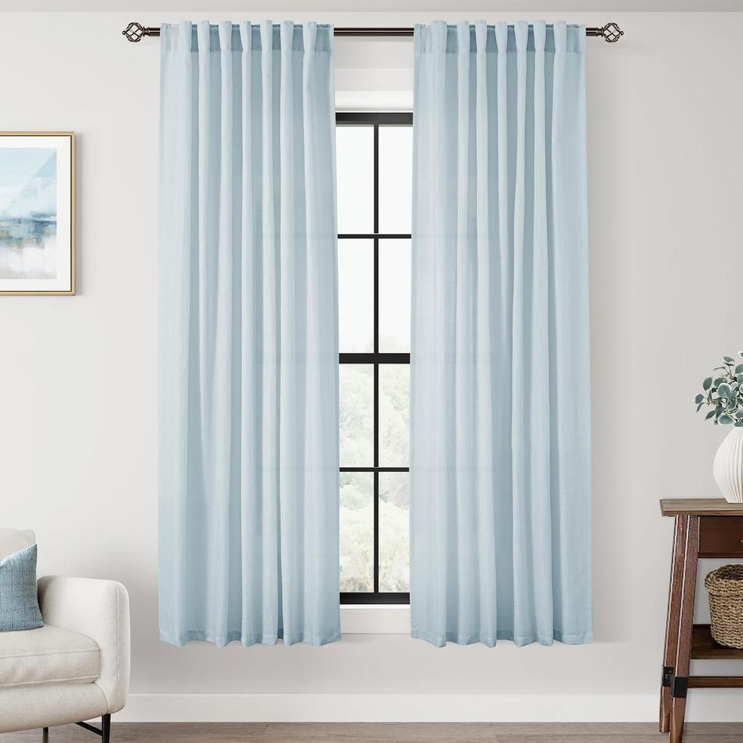 Sky Blue Curtains 63 inch Length for Bedroom Back Tab Light Filtering Semi Sheer Blue Living Room Curtains Linen Cotton Textured Drapery Panel Aesthetic Decor Light Blue 52x63
