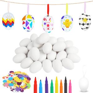 FOIMAS Easter White Plastic Eggs Kit,30pcs Paintable Fake Hanging Egg Ornament with 80pcs Bunny Chick Foam Sticker Pens for Kids Craft Easter Tree Home Decoration