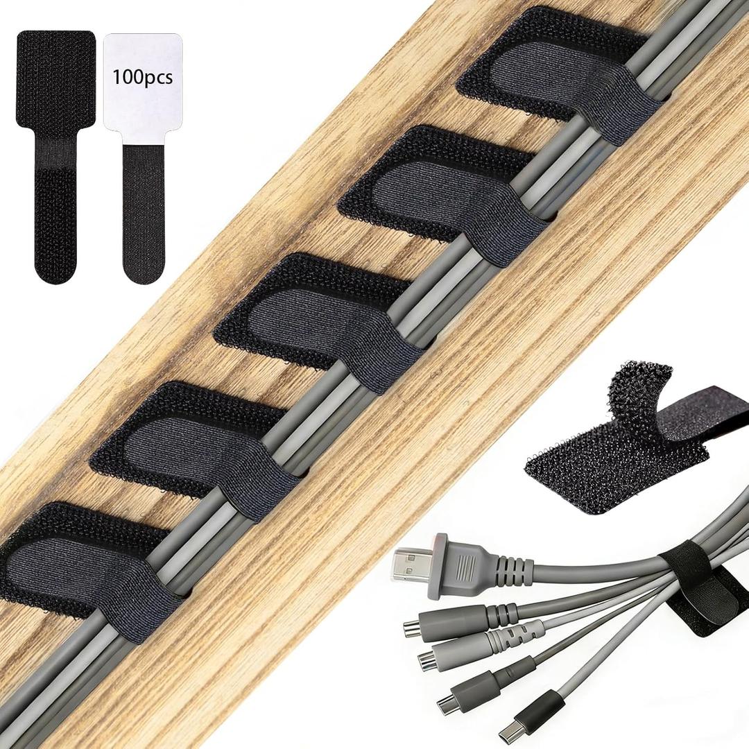100 Pcs Hook and Loop Cable Ties, Self Adhesive Cable Management Desktop Cable Straps, Adjustable Cord Organizer for Desk Home Office Organization (Black)