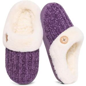 Evshine Warm Knit House Slippers for Women Comfy Wool-Like Lined Chenille Slippers with Memory Foam and Indoor Outdoor Soles (11-12, Buttoned Purple)