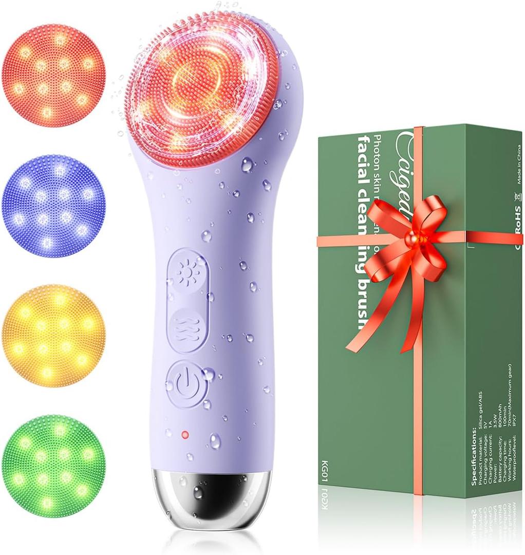 Facial Cleansing Brush Electric Face Scrubber - Rechargeable Face Cleansing Brush with 4 LED Gentle Light Silicone Heat and Vibration Exfoliator Massage Deep Cleansing,IPX7 Waterproof,Ideal Gift (Purple)