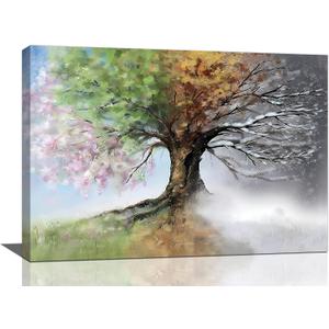 yerretin Tree of Life Wall Art Colorful Country Trees Pictures Wall Decor Rustic Four Season Canvas Painting Modern Artwork Home Decorations for Bathroom Living Room Bedroom Office Framed 24"x16"