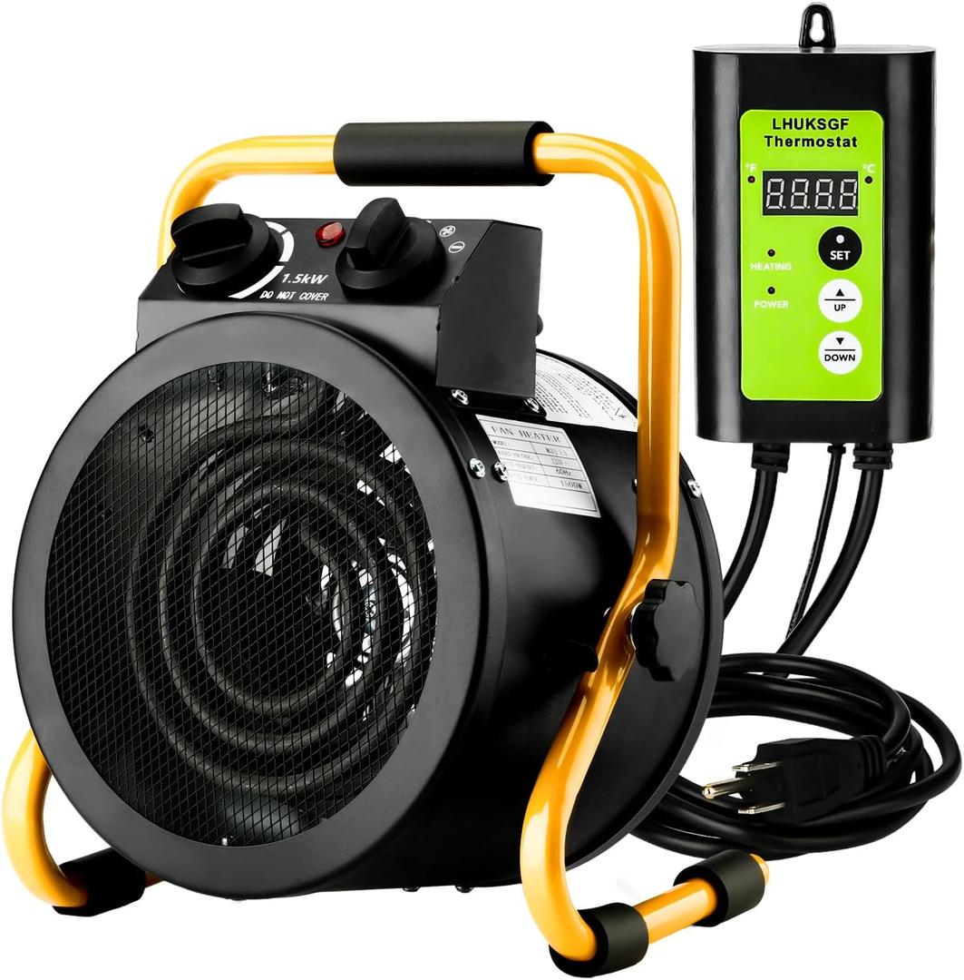 Greenhouse Heater with Digital Thermostat, Grow Tent Heaters, Overheat Protection, Fast Heating for Green House, Flower Room, Yellow-Black