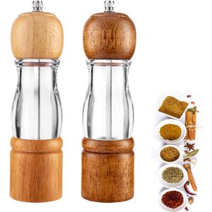 Oak Wood Salt and Pepper Grinder Set, Manual Mill with Clear Window, Adjustable Ceramic Core, 8 Inch, 2 Pack