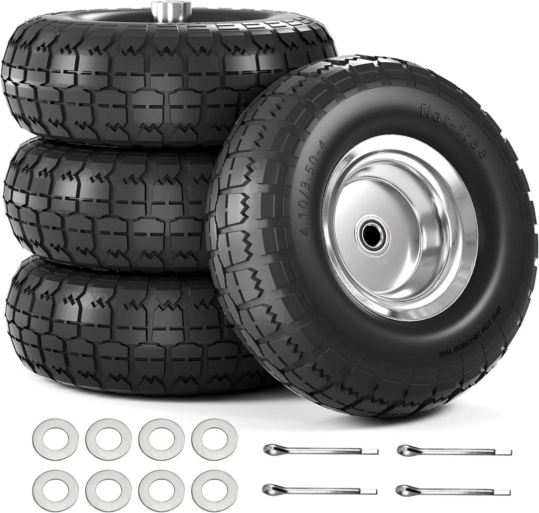 UPGRADED4.10/3.50-4 Tire and Wheel Flat Free, 10 Inch Solid Rubber Tire with 5/8Axle Bore Hole and Double Sealed Bearings, for Dolly Wheels/Hand Truck Wheels/Dump Cart4 Pack (Black)