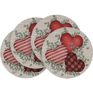 Artoid Mode Eucalyptus Hearts Vinyl Valentine's Day Placemats Set of 4, 15 Inch Wipeable Non-Slip PVC Round Place Mats for Party Kitchen Dining Decor (Beige)